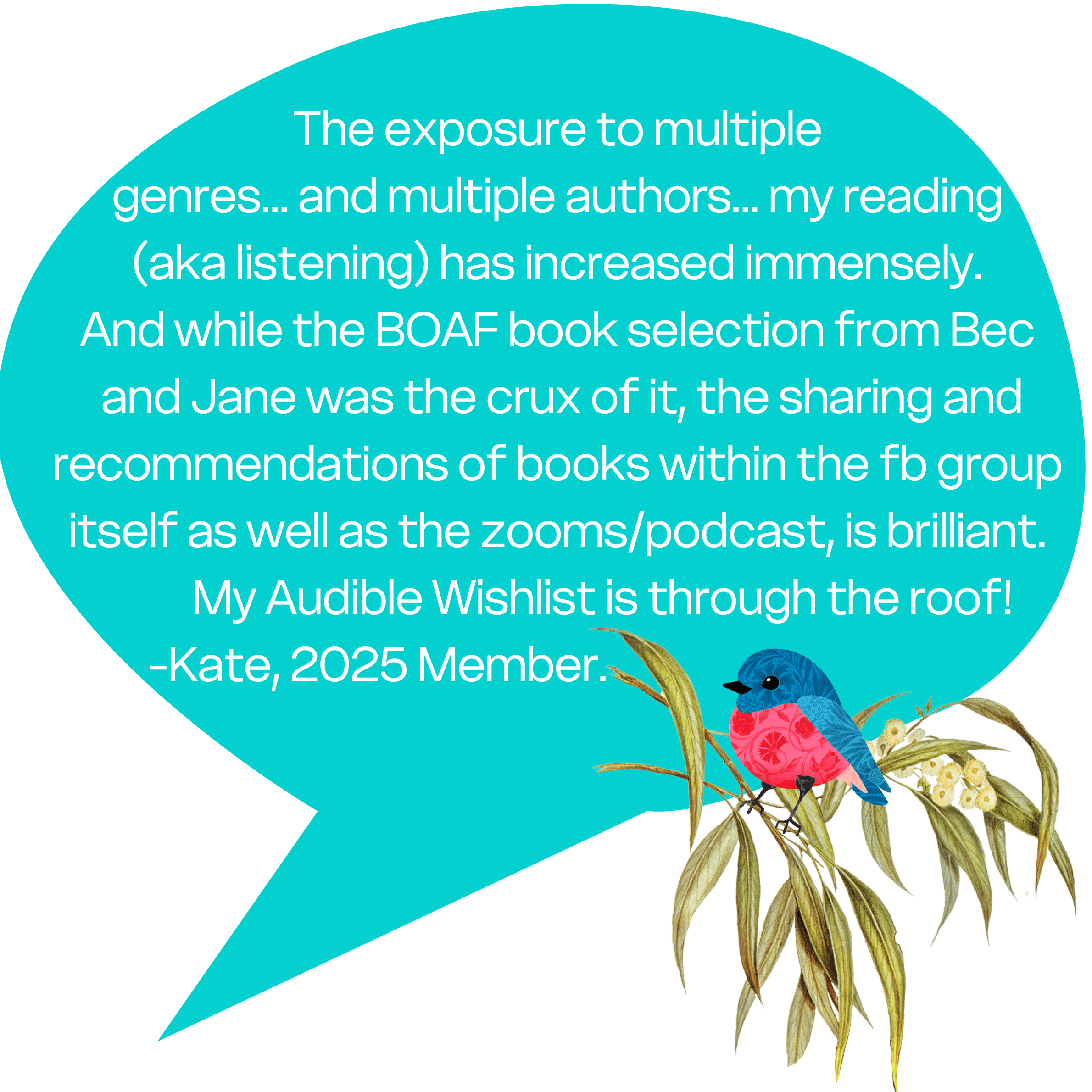 "The exposure to multiple genres... and multiple authors... my reading (aka listening) has increased immensely. And while the BOAF book selection from Bec and Jane was the crux of it, the sharing and recommendations of books within the fb group itself as well as the zooms/podcast, is brilliant. My Audible Wishlist is through the roof!" -Kate, 2025 Member.
